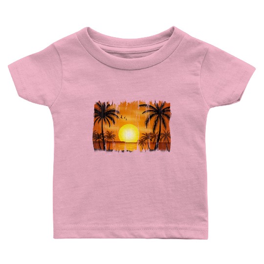 Retro Sunrise, Beach, Palm Trees, Vacation Baby T Shirts