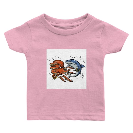 Octopus Shark Pirate Battle Baby T Shirts