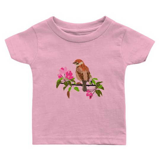 Sparrow on a branch pink flowers of an apple tree Baby T Shirts