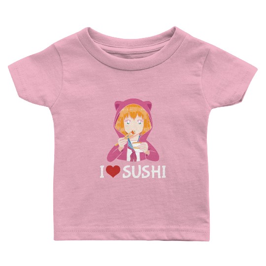 Kawaii Anime Girl I Love Sushi Baby T Shirts