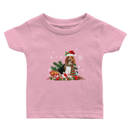 Christmas Basset Hound wearing a Santa Claus Hat Baby T Shirts