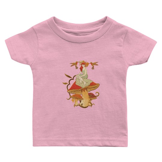 Pretty Woman With Mushroom and Flowers Baby T Shirts