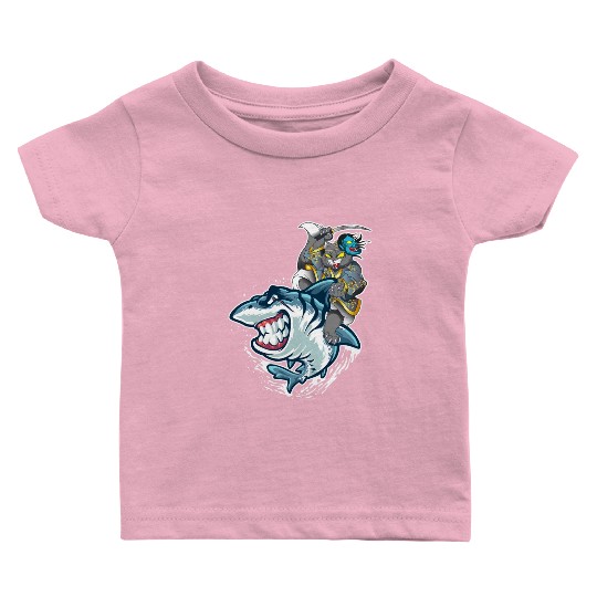 Cat Samurai Riding On Shark Baby T Shirts