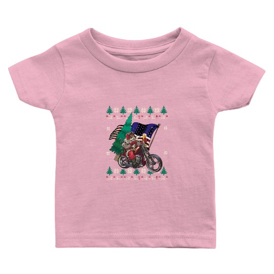 Santa Riding Motorcycle - Christmas Biker US Flag Baby T Shirts