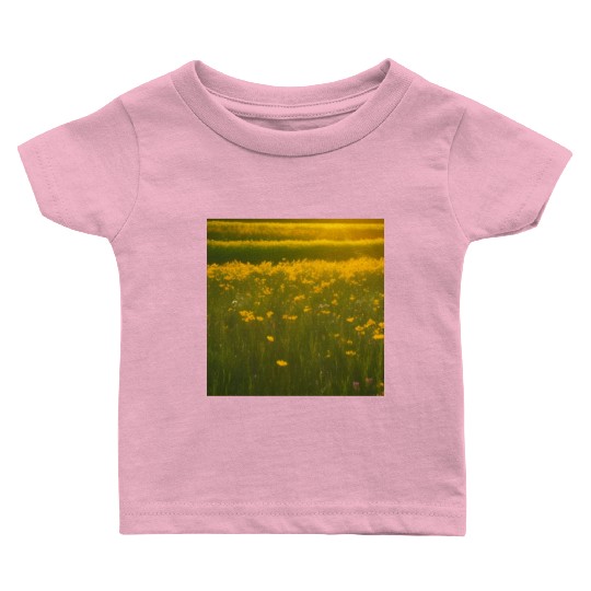 Lovely Yellow Flowers and Green Grass Baby T Shirts