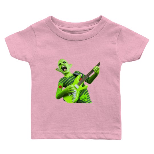 Huge green alien jamming on an electric guitar. Baby T Shirts