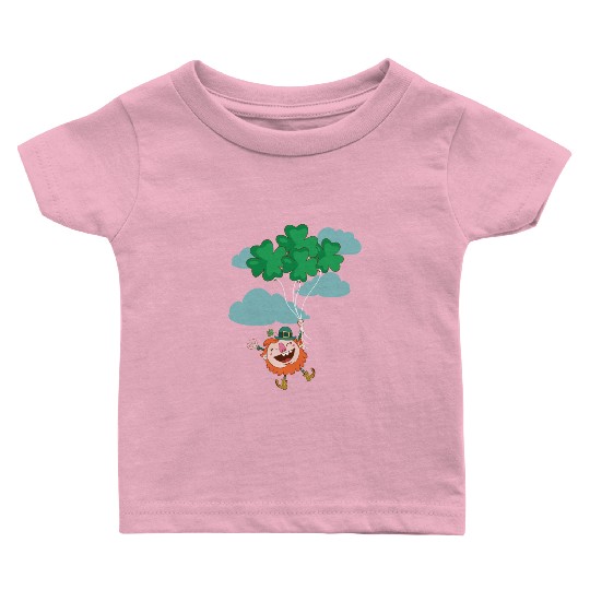 Lerechaun Hanging On Clover Balloons - St Patricks Baby T Shirts