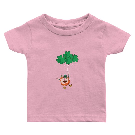 Lerechaun Hanging On Clover Balloons - St Patricks Baby T Shirts