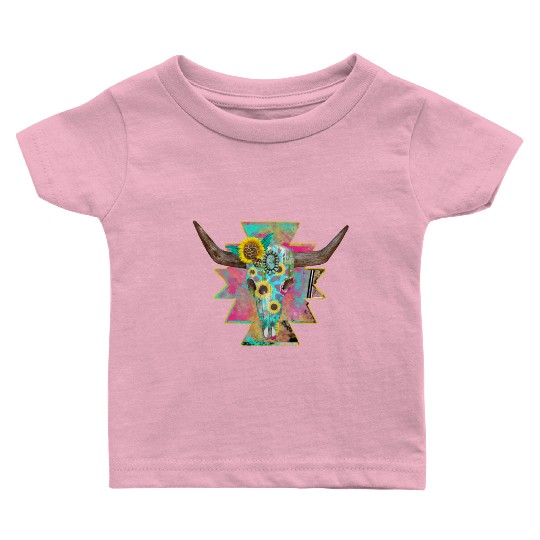 Colorful Floral Bull Skull Baby T Shirts