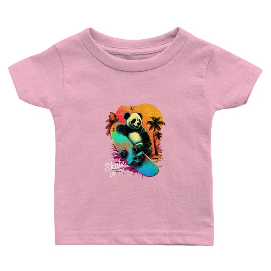 Cool Retro Panda Skateboard Neon Gift Baby T Shirts