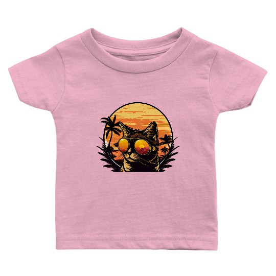 Retro Cat Vintage Sunset 80s 90s Sunglasses Party Baby T Shirts