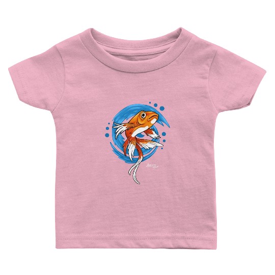 Carp Koi Fish on Blue waves green Baby T Shirts