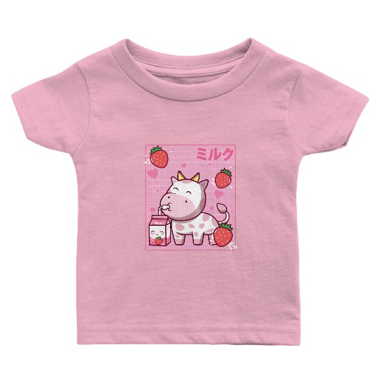 Kawaii Pink Strawberry Cow Milk Shake Otaku Anime Baby T Shirts