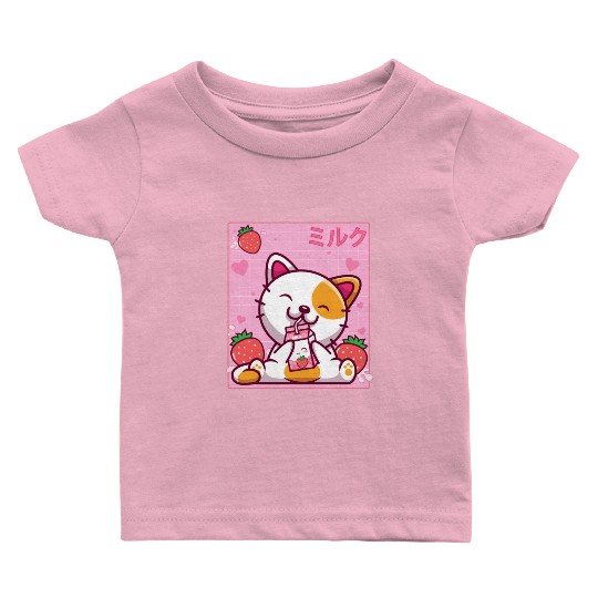Kawaii Kitten Cute Cat Strawberry Milk Shake Baby T Shirts