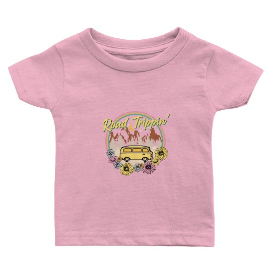 Retro Groovy Road Trip Baby T Shirts with Van Flowers