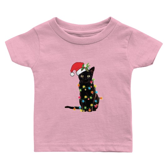 Black Santa Cat Tangled Up In Lights Christmas Baby T Shirts