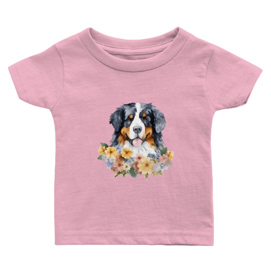 Bernese Mountain Dog Watercolor Floral Baby T Shirts