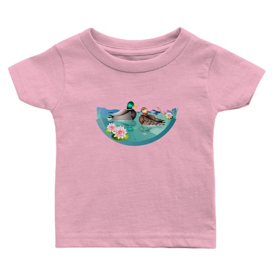 Duck couple in a duck pond with water lilies Baby T Shirts