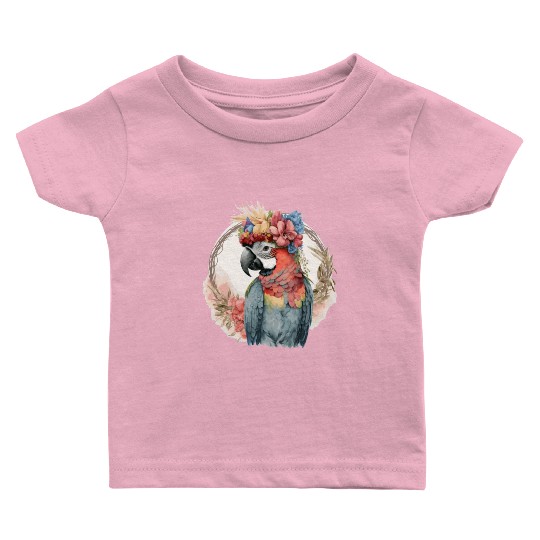 Colorful Parrot Watercolor Macaw Bird Flower Crown Baby T Shirts