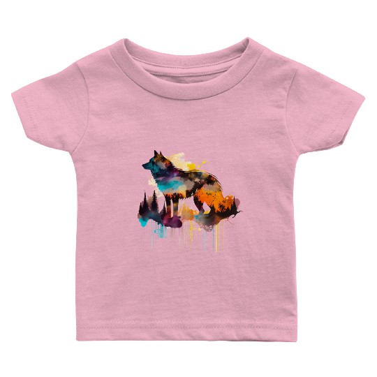 Mountain Wolf Multicolor Watercolor Portrait Baby T Shirts