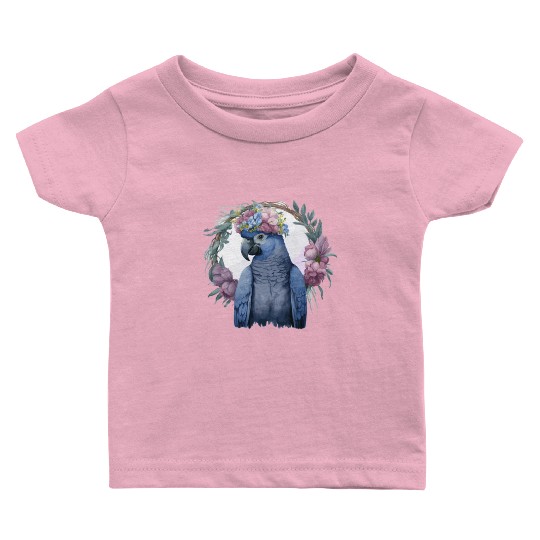 Watercolor Hyacinth Macaw Parrot Bird Flower Crown Baby T Shirts