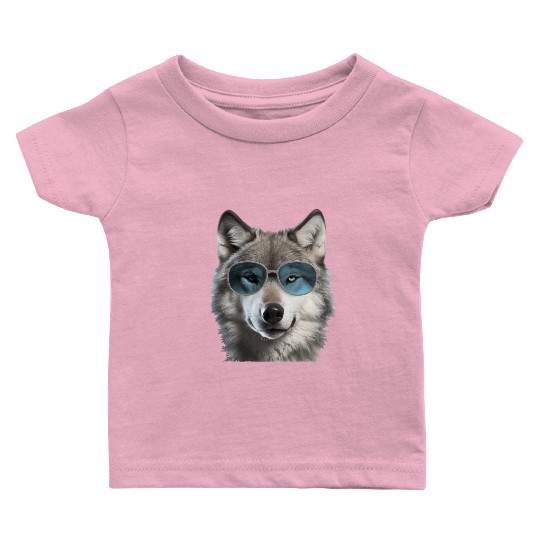Grey Wolf Wearing Blue Sunglasses Wildlife Animal Baby T Shirts