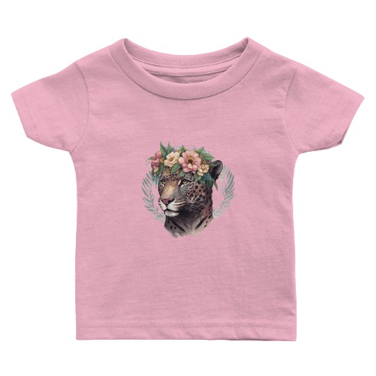 Watercolor Jaguar Flower Crown Wild Cat Lover Baby T Shirts