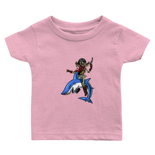 Skeleton Pirate Sailor Riding Shark Ocean Fantasy Baby T Shirts