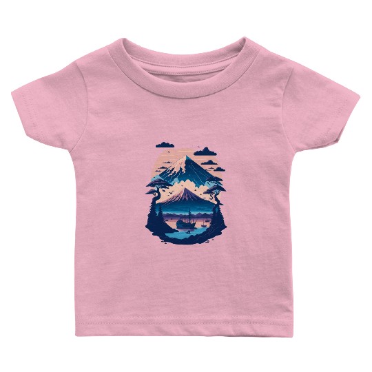Serene Mount Fuji Sunset Peaceful River Scenery Baby T Shirts