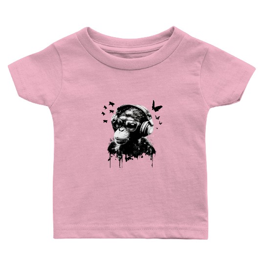 Monkey with Headphone Baby T Shirts