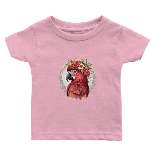 Scarlet Macaw Parrot Watercolor Bird Flower Crown Baby T Shirts