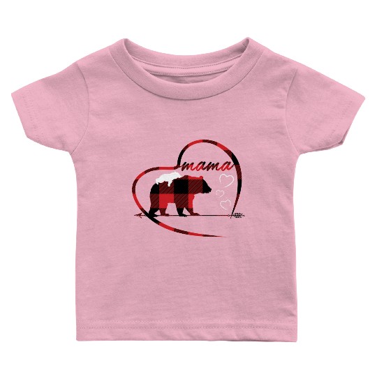 Red Buffalo Plaid Mama Bear 1 Cub Heart For Mom Baby T Shirts