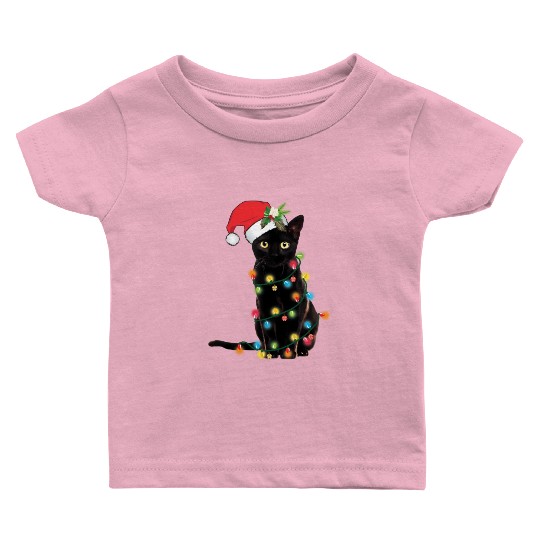 Black Cat Santa Tangled Up In Lights Baby T Shirts