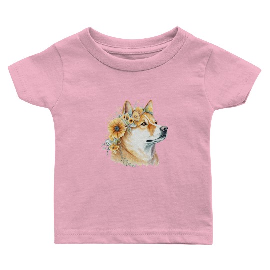 Watercolor Shiba Inu Sunflower Dog Breed Pet Puppy Baby T Shirts