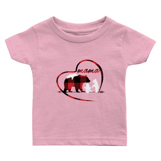 Mama Bear 3 Cubs Red Buffalo Plaid Heart For Mom Baby T Shirts
