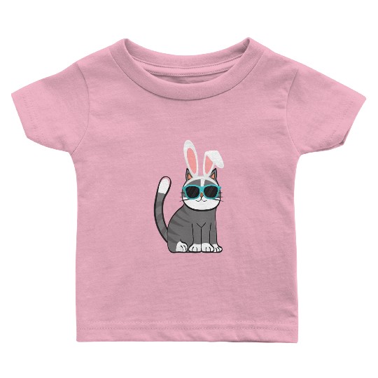 Happy Easter Cat With Bunny Ears And Glasses Cat Baby T Shirts