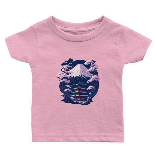 Mount Fuji and a Temple With Cherry Blossoms Baby T Shirts