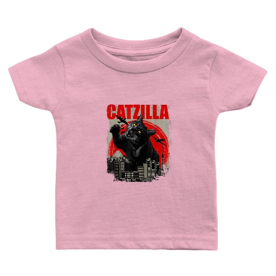 Catzilla Vintage Funny Cute Cat Art Japanese Sunse Baby T Shirts