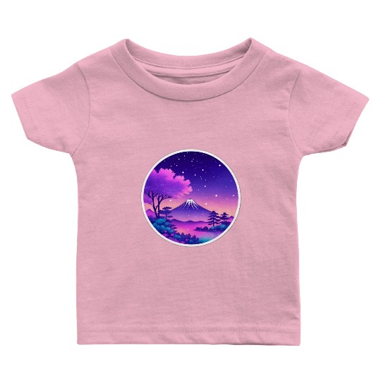 Japan Mount Fuji Night Sky Lo-Fi Art Retro Purple Baby T Shirts