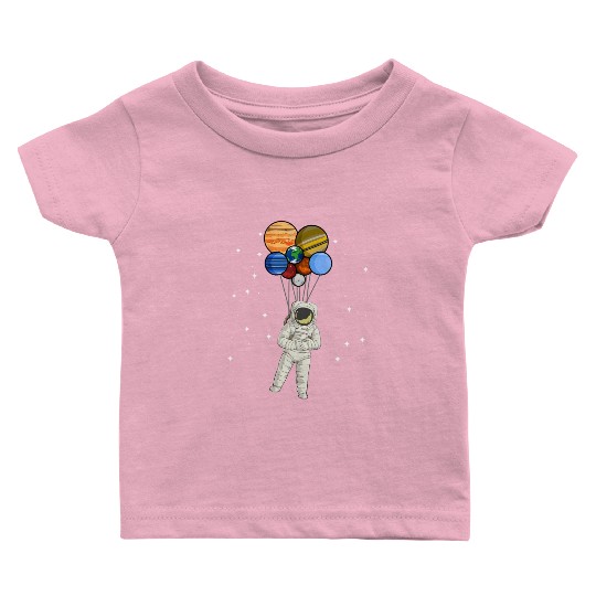 Astronaut Holding Planet Balloons of Solar System Baby T Shirts