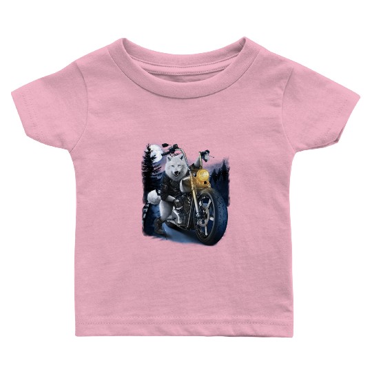 Wolf Riding Chopper Motorcycle In Full Moon Baby T Shirts