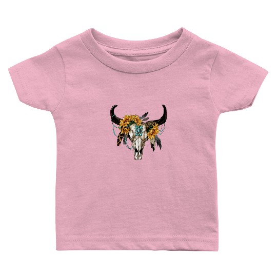 Bull Skull And Sunflowers Baby T Shirts