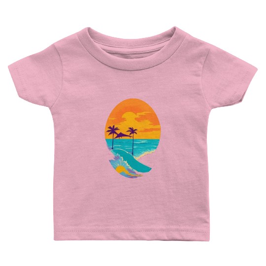 Golden Horizon: Serene Sunset & Surfing Paradise Baby T Shirts