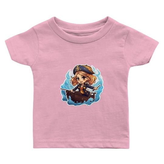 Cute Pirate Captain Steering the Ship Baby T Shirts