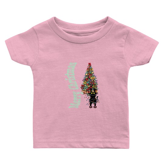 Cat Tangled In the Christmas Tree Lights Baby T Shirts