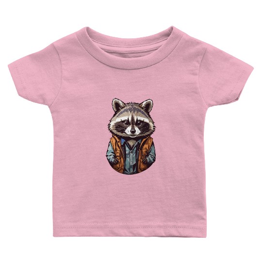 Raccoon on Orange Jacket Sticker Baby T Shirts