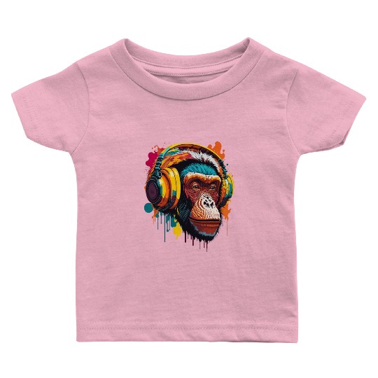 Chimpanzee Wearing Headphone Baby T Shirts