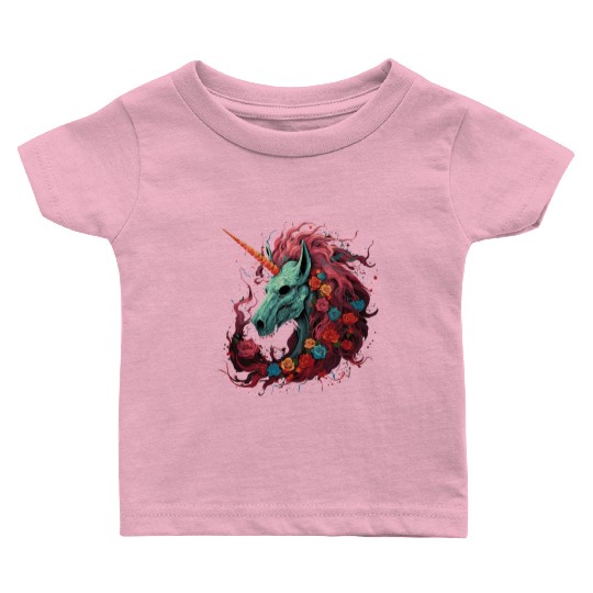 scary unicorn and flowers Baby T Shirts