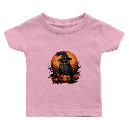 Whimsical Owl in Witch Hat Halloween Baby T Shirts
