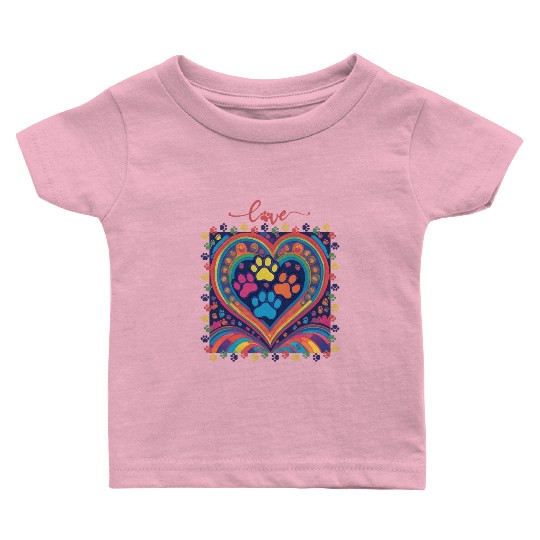 Rainbow Heart Love paw prints Baby T Shirts
